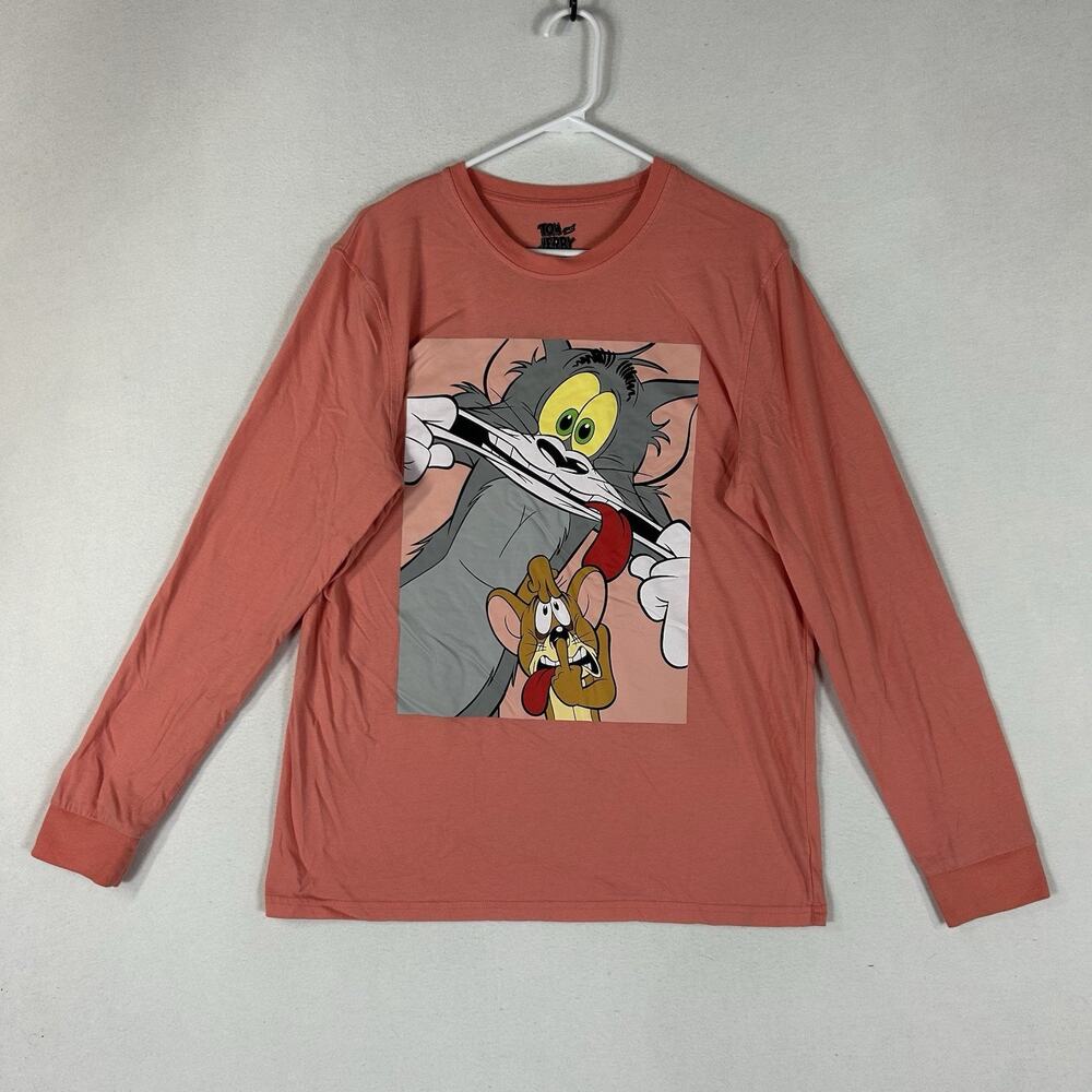 Tom and Jerry Long Sleeve T-shirt Men's Large Orange Graphic Print Tee Logo Top